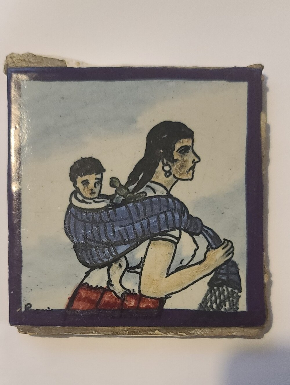 Hand-Painted Home Art Tile - Woman with Baby in Blue Wrap Signed Rugerio